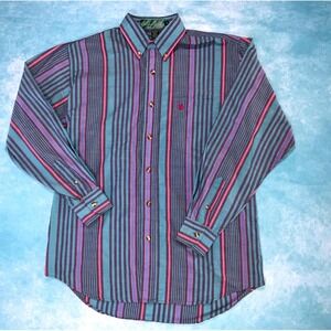 Knights of Round Table Men's Striped Button Up Shirt Teal Purple Pink Medium